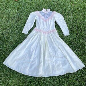 Vintage handmade wedding dress, high neck, with pink lace details